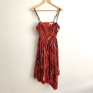 BCBGMaxAzria Red Gold Silk Runway Asymmetric Midi V Neck Dress